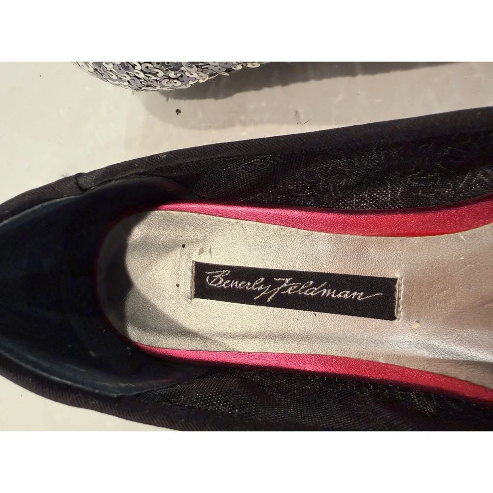 Beverly Feldman Sequin Bow Flats Womens Silver Black‎ Sparkle Pointed Toe Glam